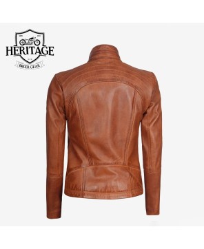 Women's Cognac Brown Leather Cafe Racer Jacket