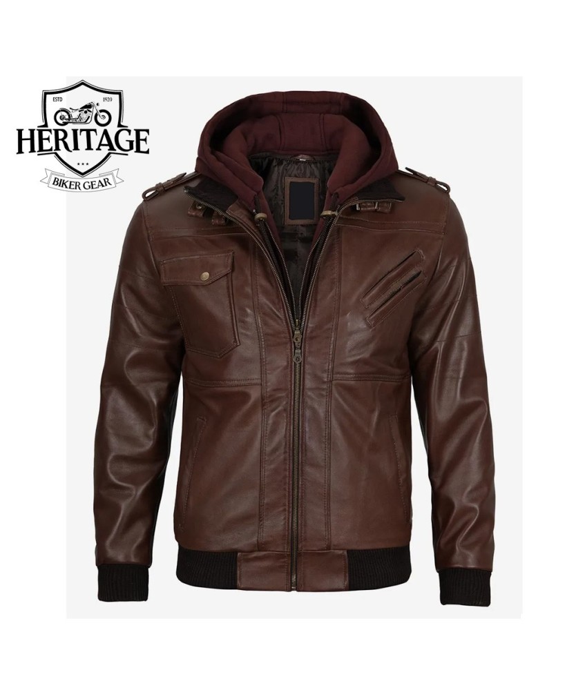 Dark Brown Leather Bomber Jacket with Removable Hood