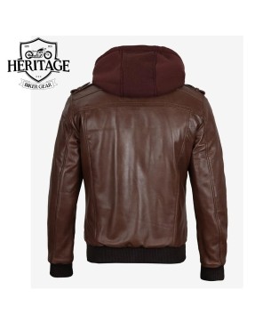 Dark Brown Leather Bomber Jacket with Removable Hood