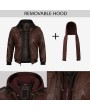 Dark Brown Leather Bomber Jacket with Removable Hood