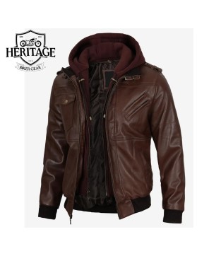 Dark Brown Leather Bomber Jacket with Removable Hood