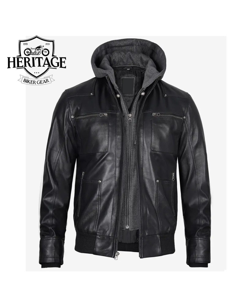 Black Leather Bomber Jacket with Removable Hood