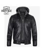 Black Leather Bomber Jacket with Removable Hood