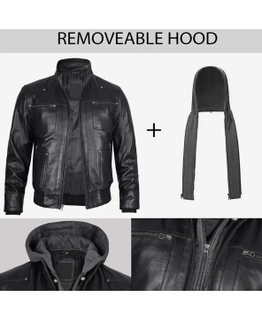 Black Leather Bomber Jacket with Removable Hood