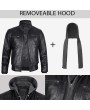 Black Leather Bomber Jacket with Removable Hood