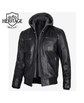 Black Leather Bomber Jacket with Removable Hood