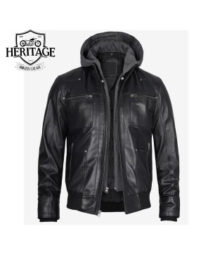 Black Leather Bomber Jacket with Removable Hood