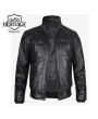 Black Leather Bomber Jacket with Removable Hood