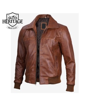 Brown Leather Bomber Jacket for Men