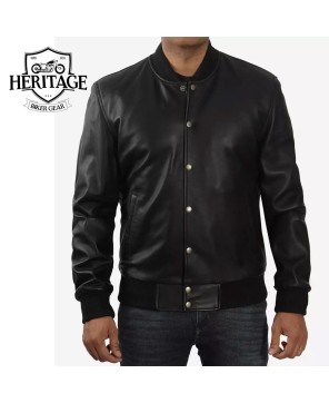 Classic Black Leather Bomber Jacket for Men