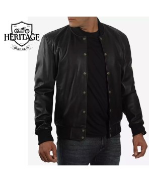 Classic Black Leather Bomber Jacket for Men