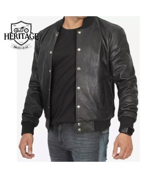 Portwood Men's Black Snuff Leather Bomber Jacket - Warm & Stylish