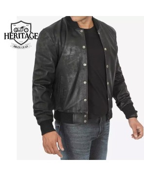 Portwood Men's Black Snuff Leather Bomber Jacket - Warm & Stylish