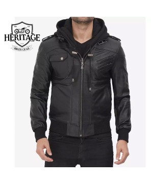 Black Leather Bomber Jacket with Removable Hood