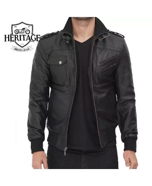 Black Leather Bomber Jacket with Removable Hood