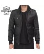 Black Leather Bomber Jacket with Removable Hood