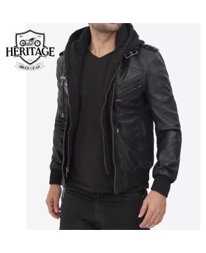 Black Leather Bomber Jacket with Removable Hood