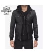 Black Leather Bomber Jacket with Removable Hood