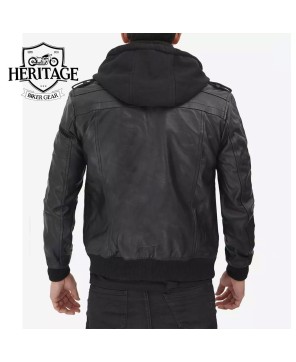 Black Leather Bomber Jacket with Removable Hood