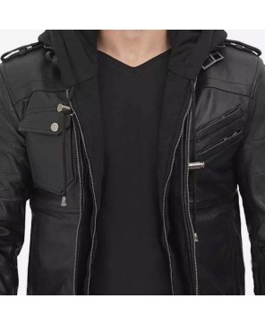 Black Leather Bomber Jacket with Removable Hood