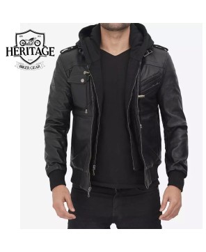 Black Leather Bomber Jacket with Removable Hood