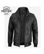 Gray Leather Bomber Jacket with Removable Hood