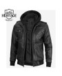 Gray Leather Bomber Jacket with Removable Hood