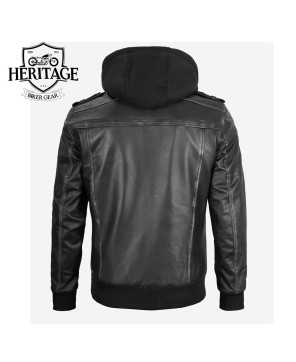 Gray Leather Bomber Jacket with Removable Hood