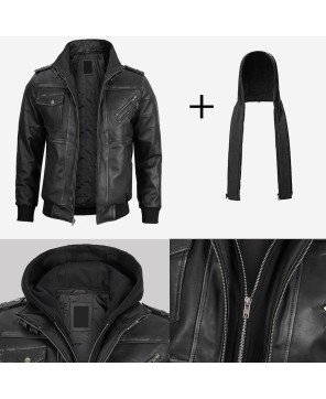 Gray Leather Bomber Jacket with Removable Hood