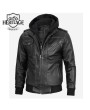 Gray Leather Bomber Jacket with Removable Hood