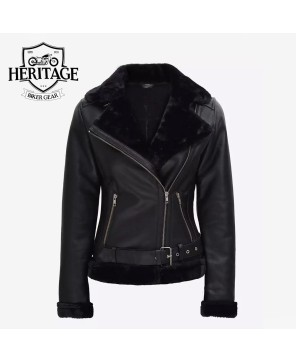 Agnes Black Leather Shearling Jacket for Women