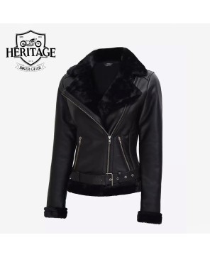 Agnes Black Leather Shearling Jacket for Women