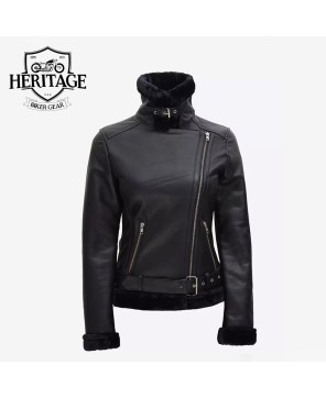 Agnes Black Leather Shearling Jacket for Women