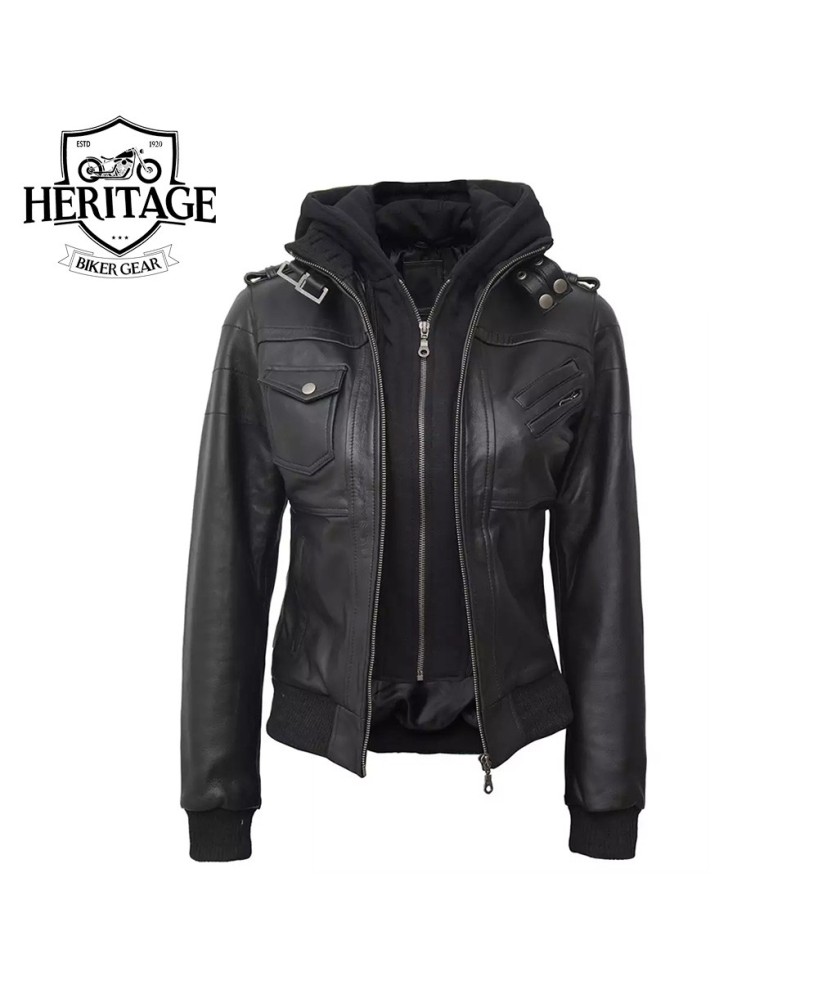 Women's Black Leather Bomber Jacket - Removable Hoodie