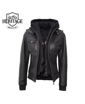 Women's Black Leather Bomber Jacket - Removable Hoodie