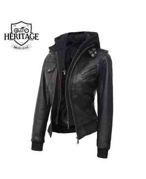 Women's Black Leather Bomber Jacket - Removable Hoodie