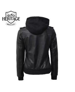 Women's Black Leather Bomber Jacket - Removable Hoodie