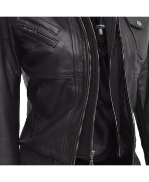 Women's Black Leather Bomber Jacket - Removable Hoodie