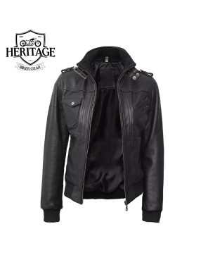 Women's Black Leather Bomber Jacket - Removable Hoodie