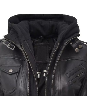 Women's Black Leather Bomber Jacket - Removable Hoodie