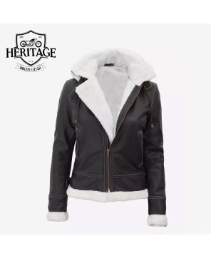 Brown Shearling Bomber Jacket with Hood - Women's