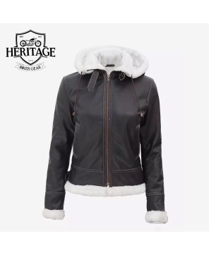 Brown Shearling Bomber Jacket with Hood - Women's