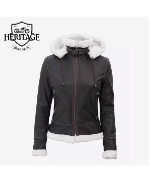 Brown Shearling Bomber Jacket with Hood - Women's