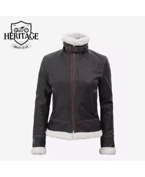 Brown Shearling Bomber Jacket with Hood - Women's