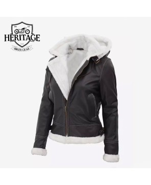 Brown Shearling Bomber Jacket with Hood - Women's