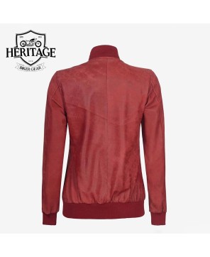 Melody Women's Maroon Leather Bomber Jacket - Rib Knit Style