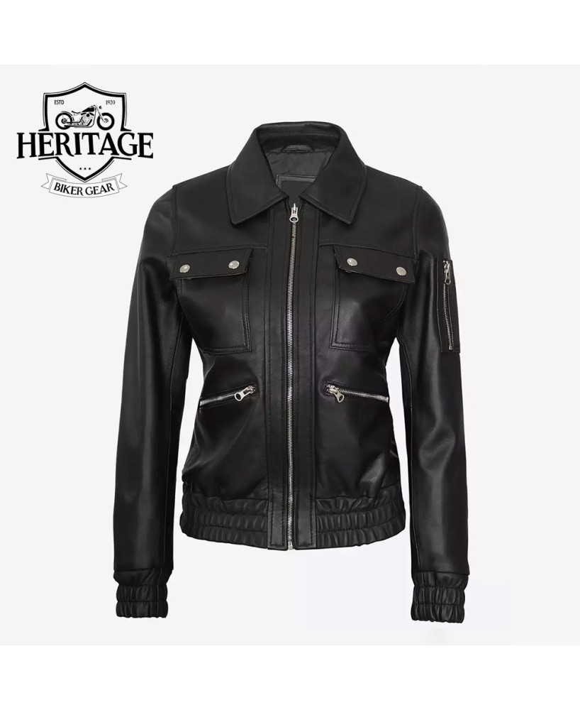 Women's Black Leather Bomber Trucker Jacket