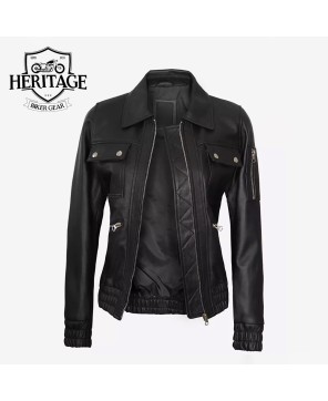 Women's Black Leather Bomber Trucker Jacket