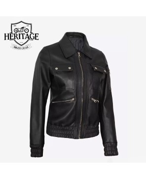 Women's Black Leather Bomber Trucker Jacket