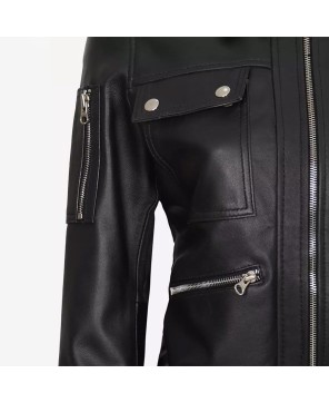 Women's Black Leather Bomber Trucker Jacket